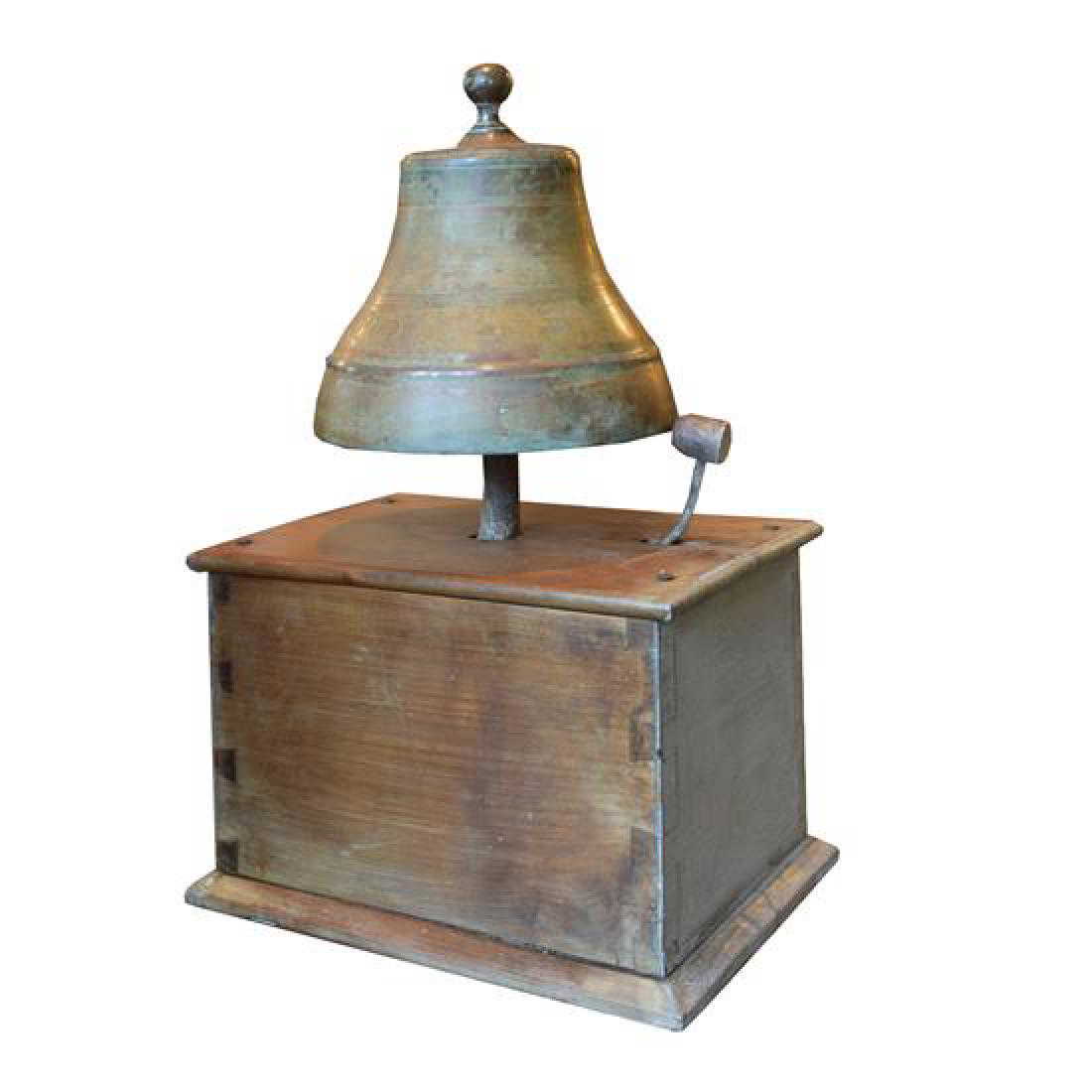 A Bronze Time Clock Bell on Wood Base 12" W x 8" D x