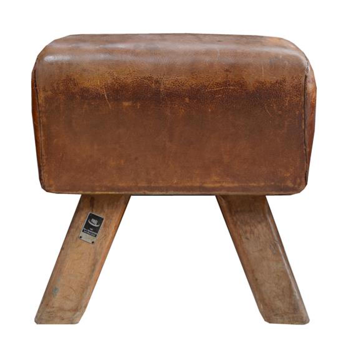 A Wood and Leather Pommel Horse Bench 22" W x 16" D x (1 of 4)