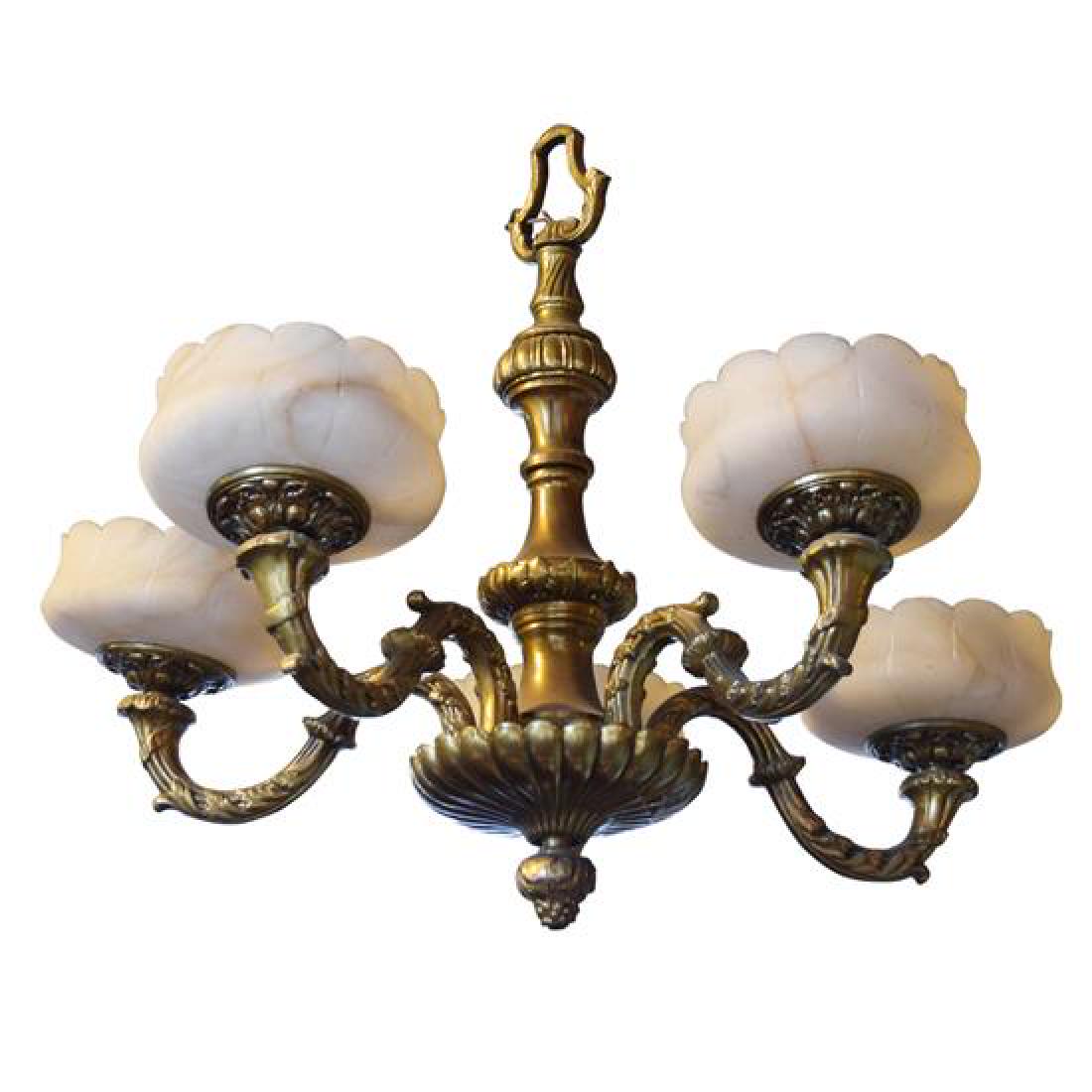 A Bronze and Alabaster Five-Light Chandelier 24" W x: A Bronze and Alabaster Five-Light Chandelier argentina, 20th century 24" W x 24" D x 22" H Estimate $400-600