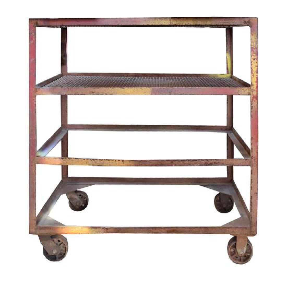 A Mid Century Iron Industrial Cart 43.5" W x 28.75" D x: A Mid Century Iron Industrial Cart united states, mid-20th century 43.5" W x 28.75" D x 49.5" H Estimate $300-500
