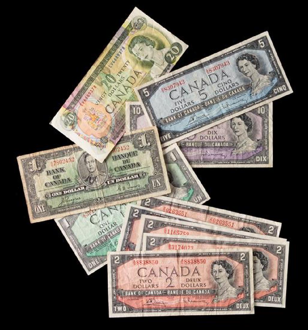 * A Collection of Canadian Paper Money: * A Collection of Canadian Paper Money comprising a series 1937 $1, series 1954 $1, five 1954 $2, 1954 $5, 1954 $10 and a 1969 $20 example. Estimate $120-180 Property from the Estate of Harold R. Deck