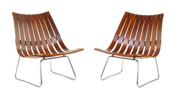 Manner of Hans Brattrud, Norway, c. 1960s, pair of: Manner of Hans Brattrud Norway, c. 1960s pair of lounge chairs laminated rosewood, chrome-plated steel unmarked Height 33 x width 27 1/2 x depth 31 inches Estimate $800-1,200 Overall good condition. F