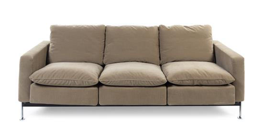 Robert Haussmann, (Swiss, b. 1931), DeSede, c. 1954: Robert Haussmann (Swiss, b. 1931) DeSede, c. 1954 sofa chromed steel, enameled steel and upholstery Height 32 x width 86 x depth 32 inches Estimate $1,000-2,000 Overall good condition. Upholstery is f