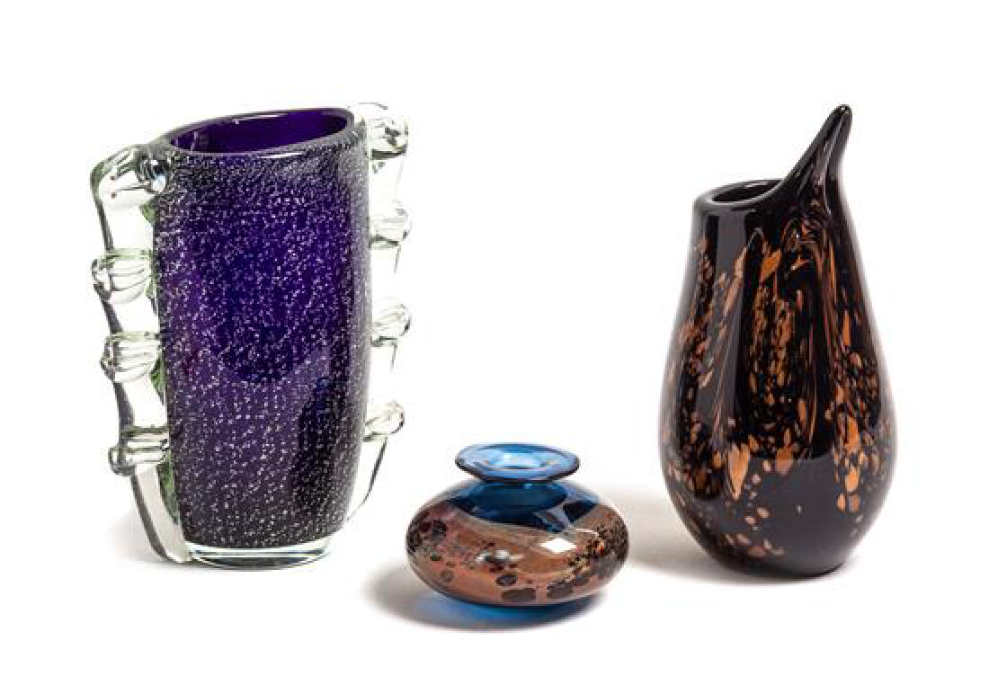 Trio of Art Glass Vessels, Italy, USA, Mid-20th: Trio of Art Glass Vessels Italy, USA, Mid-20th Century glass etched markings to underside of each example Height of tallest 10 3/4 inches Estimate $300-500 Overall good condition. Light surface scratc