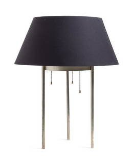 Benjamin Baldwin, (American, 1913-1993), rare table: Benjamin Baldwin (American, 1913-1993) rare table lamp nickel-plated brass, steel, linen unsigned Height 12 x diameter 17 inches Estimate $1,000-2,000 Note: Identical examples in the collections of