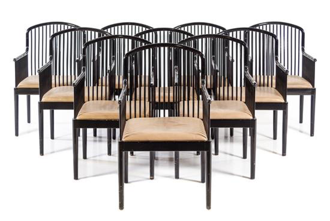 Davis Allen, (American, 1916-1999), Stendig Italy, c.: Davis Allen (American, 1916-1999) Stendig Italy, c. 1983 set of 10 Andover chairs lacquered wood, leather manufacturer's label to underside Height 36 1/4 x width 21 1/2 x depth 21 inches Estimate $700