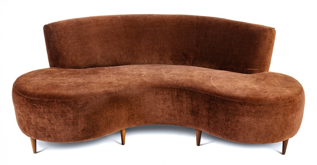Manner of Vladimir Kagan, USA, c. 1970s,: Manner of Vladimir Kagan USA, c. 1970s loveseat/settee upholstery Height 30 1/4 x width 76 1/2 x depth 43 inches Estimate $800-1,200 Height of seat 17 1/2 inches.