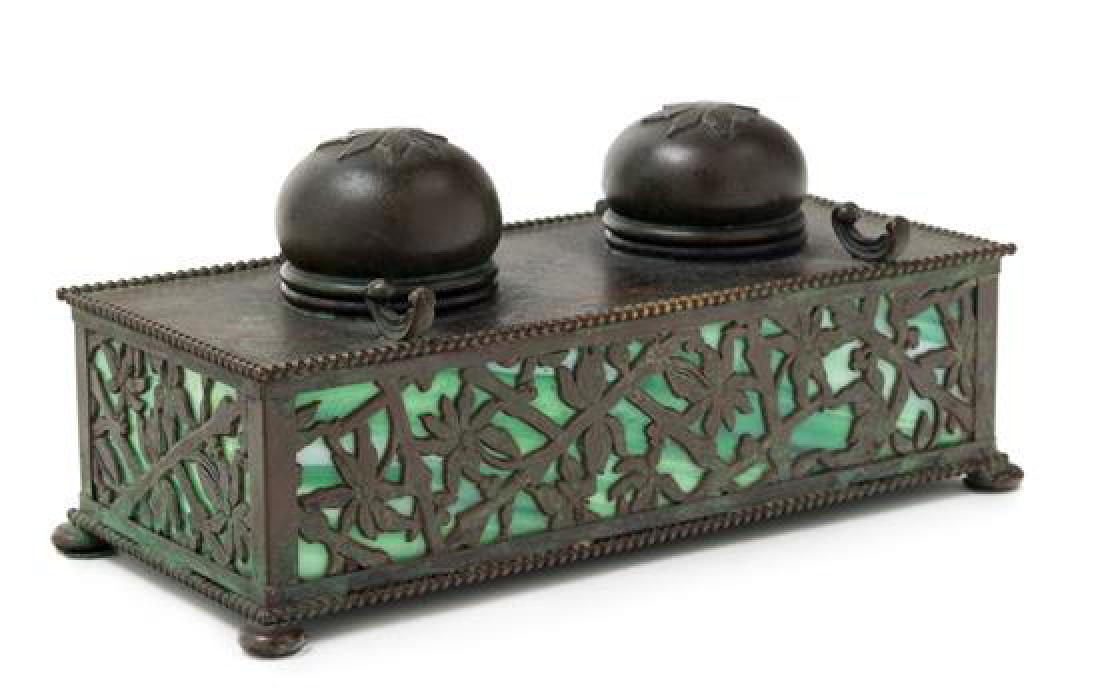 Apollo Studios, American, Early 20th Century, double: Apollo Studios American, Early 20th Century double inkwell bronze Width 7 3/4 inches Estimate $500-700