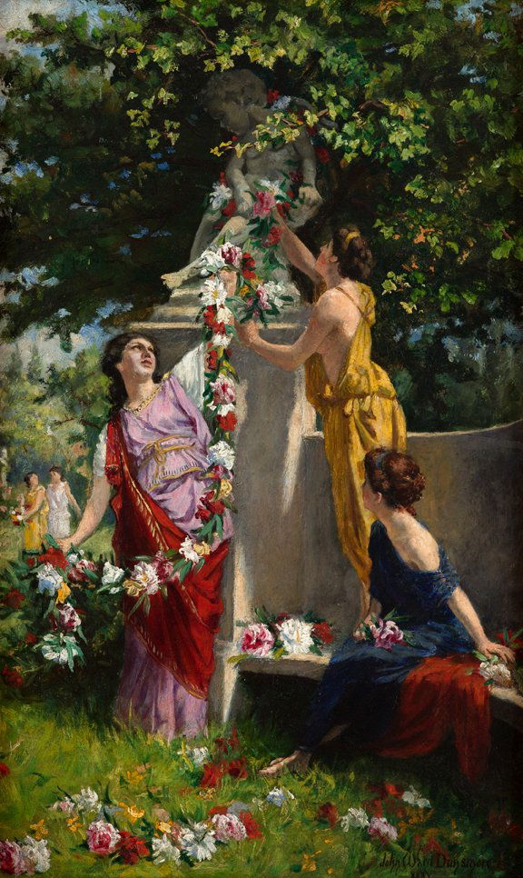 JOHN WARD DUNSMORE, (AMERICAN 1856-1945), CLASSICAL: JOHN WARD DUNSMORE (AMERICAN 1856-1945) CLASSICAL MAIDEN WITH GARLANDS Signed and dated 'John Ward Dunsmore XXXV' bottom right, oil on panel 16 x 9 3/4 in. (40.6 x 24.8cm)