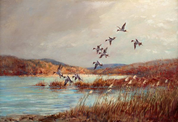 FRANK VINING SMITH, (AMERICAN 1879-1967), WHISPERIN: FRANK VINING SMITH (AMERICAN 1879-1967) WHISPERING WINGS" Signed 'Frank Vining Smith' bottom right, signed inscribed with title and dated '1952' verso, oil on masonite 20 x 30 in. (50.8 x 76.2cm) PROV