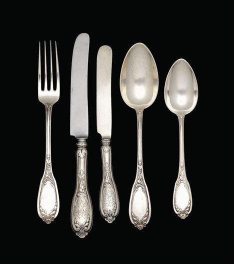 Russian silver partial flatware service, maker's: Russian silver partial flatware service maker's mark for mikail grachev, st. petersburg, 1907-1926 Comprising 24 dinner forks, 6 soup spoons, 4 tablespoons, 19 dinner knives with Gorham stainless blad