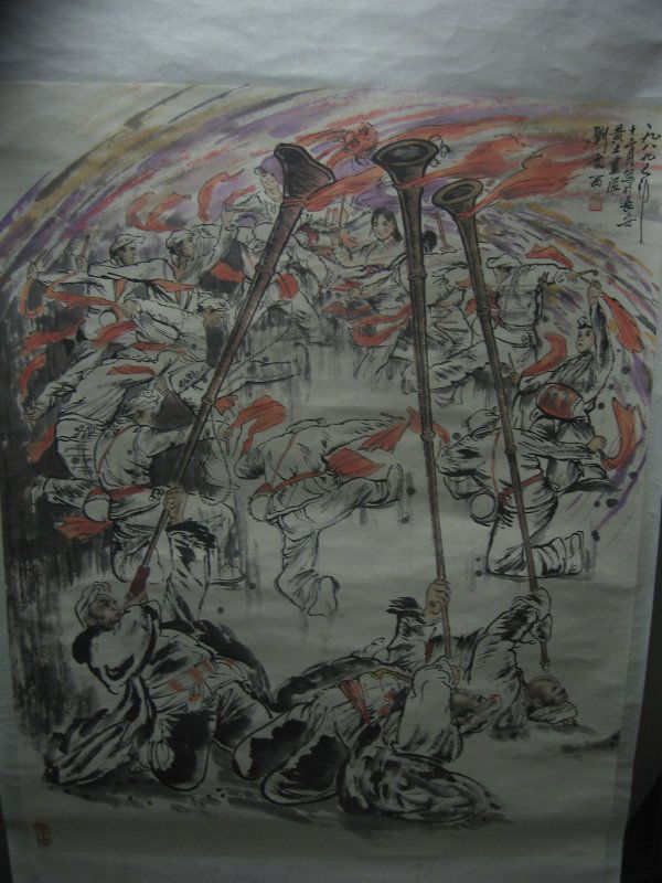 Chinese hanging scroll, attributed to liu dawei,: Chinese hanging scroll attributed to liu wenxi Ink and color on paper, inscription and red seal, depicting Red Army celebration. H: 46 in.