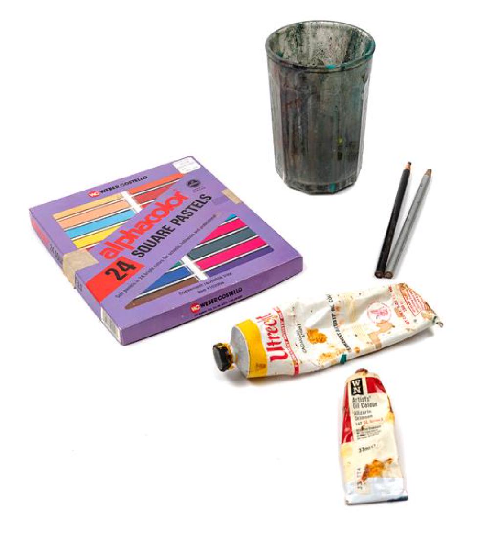 A Collection of Roger Brown's Utrecht and Winsor &: A Collection of Roger Brown's Utrecht and Winsor & Newton Oil Colors together with a group of pastels and a brush tumbler. Estimate $100-150