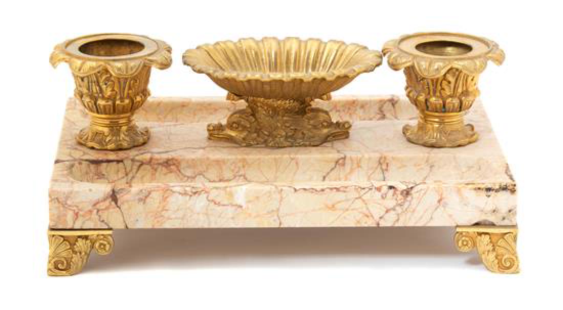 A Neoclassical Gilt Bronze and Marble Encrier Width 10 (1 of 1)