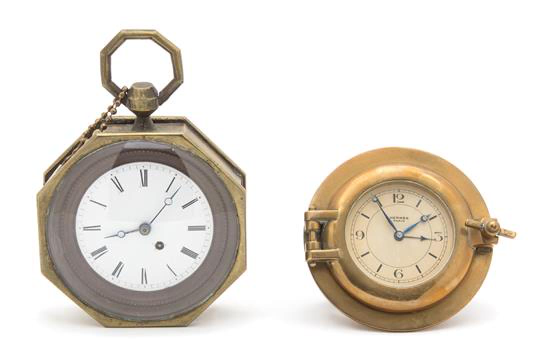 Two French Brass Desk Clocks Height of larger 5 3/4 (1 of 2)