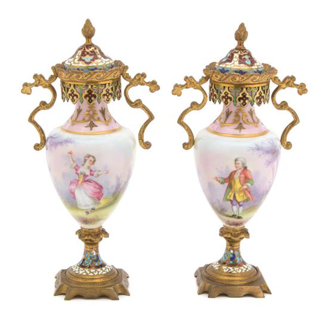 A Pair of Sevres Style Gilt Bronze Mounted Champleve (1 of 1)