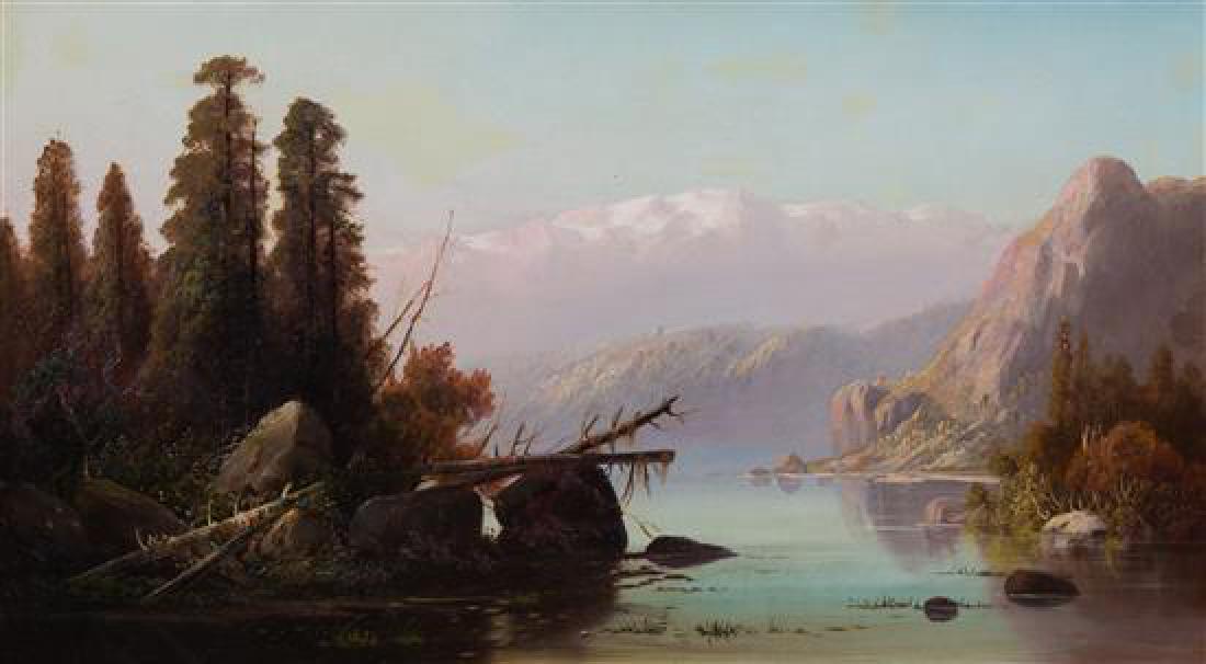 Harvey Otis Young, (American, 1840-1901), Donner Lake: Harvey Otis Young (American, 1840-1901) Donner Lake oil on canvas unsigned 19 1/2 x 36 inches. Estimate $1,000-2,000 The Estate of Barbara and Downs Mallory, Palm Beach, FL Relined, cleaned in 1969.