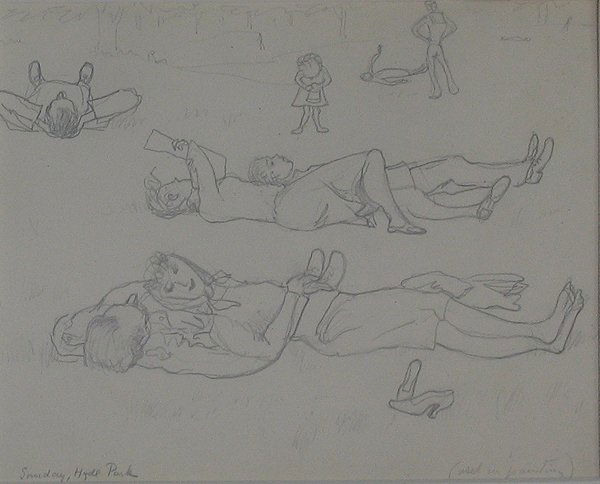 EMLEN ETTING, (AMERICAN 1905-1993) TWO WORKS ON PA: EMLEN ETTING (AMERICAN 1905-1993) TWO WORKS ON PAPER ONAGA'S LOVERS" and "SUNDAY, HYDE PARK" Signed and dated "55" bottom right, watercolor and graphite on paper Sight size: 7 3/4 x 9 3/8 in. T