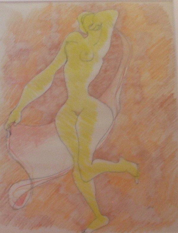 EMLEN ETTING, (AMERICAN 1905-1993) TWO WORKS ON PA: EMLEN ETTING (AMERICAN 1905-1993) TWO WORKS ON PAPER DANCING YELLOW NUDE and DANCING AND FLYING (KARUS) Signed bottom right, ink and crayon on paper Sight size: 12 3/8 x 8 3/4 in. Unsigned, gra