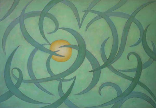 EMLEN ETTING, (AMERICAN 1905-1993), ABSTRACT COMPO: EMLEN ETTING (AMERICAN 1905-1993) ABSTRACT COMPOSITION SUN & GREENS Signed bottom right, acrylic on canvas, unframed 36 x 50 in.