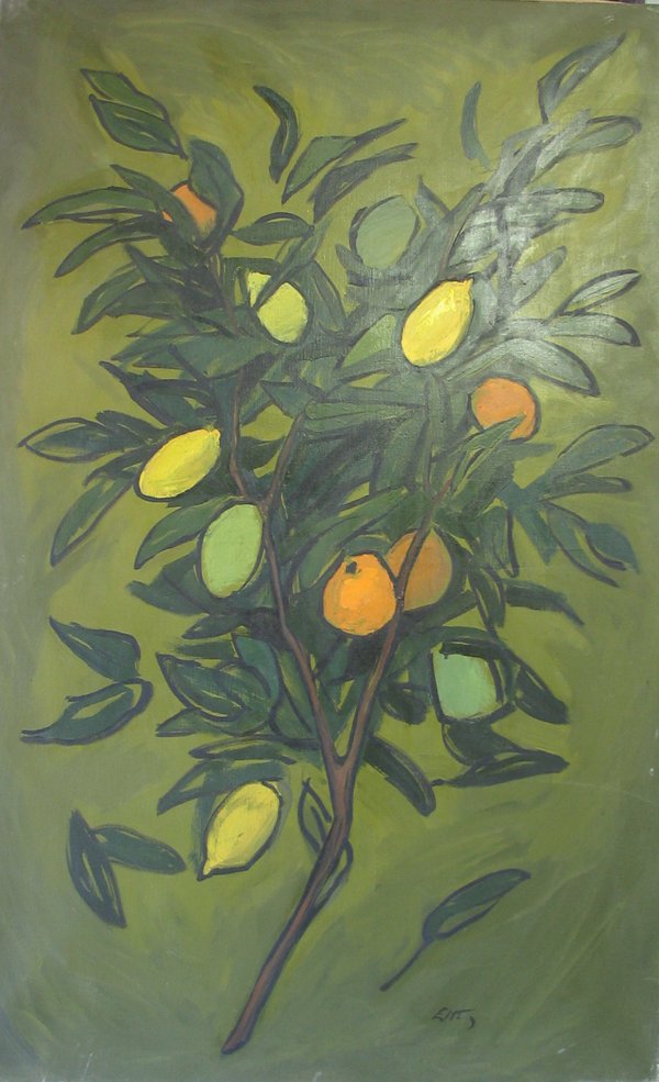 EMLEN ETTING, (AMERICAN 1905-1993), ORANGE AND LEM: EMLEN ETTING (AMERICAN 1905-1993) ORANGE AND LEMONS Signed bottom right, acrylic on canvas, unframed 55 x 34 in.