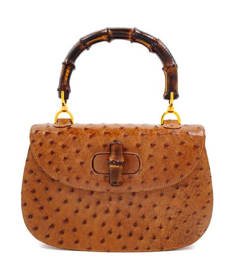 A Gucci Brown Ostrich Bamboo Top Handle Handbag, 7" H x (1 of 5)