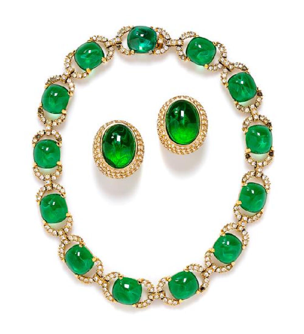 A Ciner Green Glass Rhinestone Necklace & Earring Set, (1 of 3)