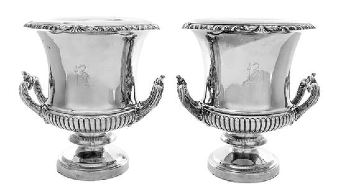 * A Pair of English Silverplate Wine Coolers, Matthew: * A Pair of English Silverplate Wine Coolers Matthew Boulton, Sheffield, Early 19th Century of twin-handled campagna form, the body with an engraved crest. marked on underside Height 9 1/4 x width 8 3