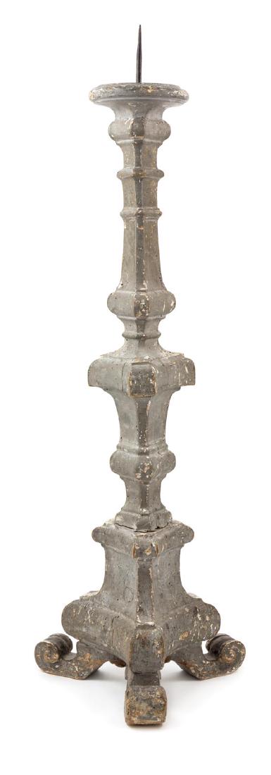A German Silvered Wood Pricket Stick Height 39 inches.: A German Silvered Wood Pricket Stick 18th century of turned baluster form, raised on scroll feet. Height 39 inches. Estimate $300-500