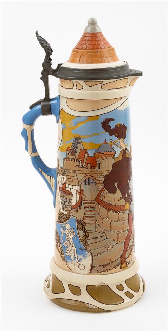 A Mettlach Pewter Mounted Stoneware Stein Height 17 1/2 (1 of 2)