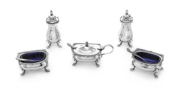 An English Silver Salt Service, William Suckling Ltd.,: An English Silver Salt Service William Suckling Ltd., Birmingham, 1935-36 comprising two casters, two glass-lined salt cellars with corresponding salt spoons and a mustard pot, together with an associ