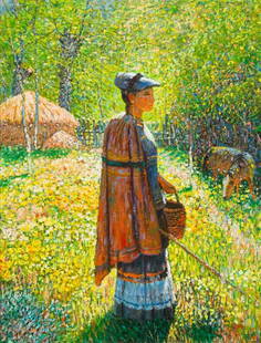 * Luo Zhongli, (Chinese, b. 1948), Untitled (Woman with: * Luo Zhongli (Chinese, b. 1948) Untitled (Woman with a Basket) oil on canvas signed Luo Zhongli (upper right) 17 1/4 x 14 1/2 inches. Estimate $10,000-20,000 Property from the Estate of Gloria Ha