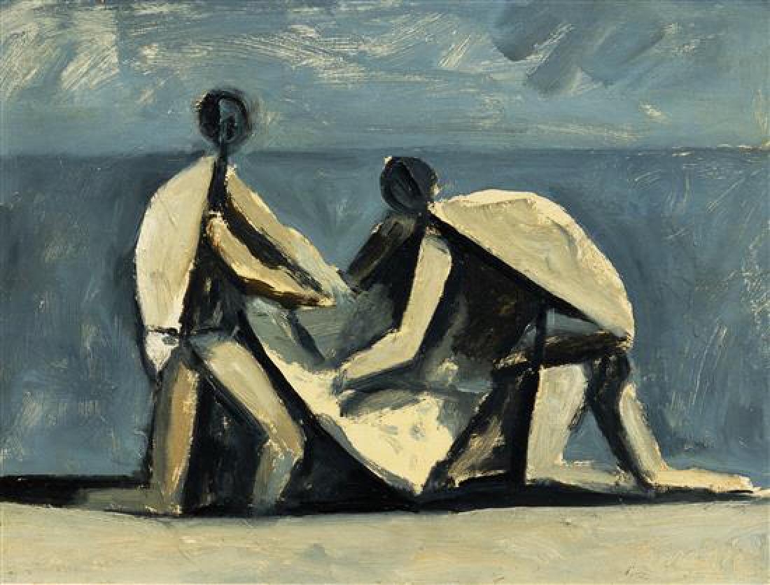 * Duilio Barnabe, (Italian, 1914-1961), Pescatori, 1957: * Duilio Barnabe (Italian, 1914-1961) Pescatori, 1957 oil on board signed Barnabe (lower right) 12 x 18 inches. Estimate $2,000-4,000 Property from the Estate of Helen and Jack Halpern, Chicago, Illin