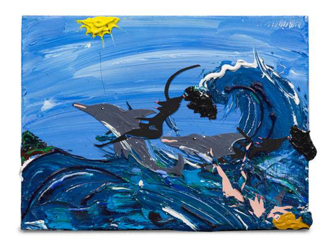 Devin Troy Strother, (American, b. 1986), "bitch lemme: Devin Troy Strother (American, b. 1986) "bitch lemme get a ride on yo dolphin tho" said Mary to Quiesha, 2013 acrylic, glitter, cut and painted paper, and oil stick on linen signed Devin Troy Strother