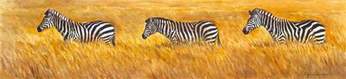 Alan Campbell, (American, b. 1950), Three Zebras, c.: Alan Campbell (American, b. 1950) Three Zebras, c. 1990 watercolor and gouache on paper signed Alan Campell (lower right) 8 1/2 x 35 inches. Estimate $300-500 Property from the Collection of M. Anthon