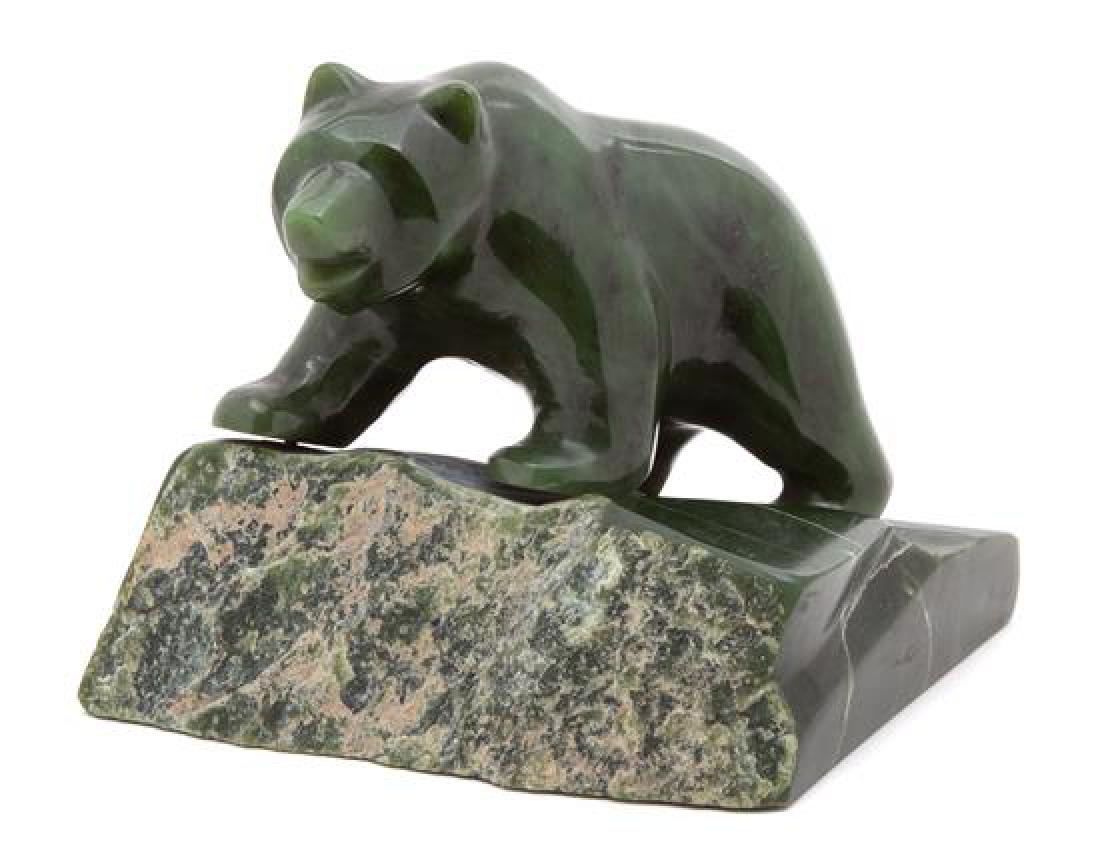 An Inuit Carved Green Onyx Bear on Rock Height 4 7/8 (1 of 1)