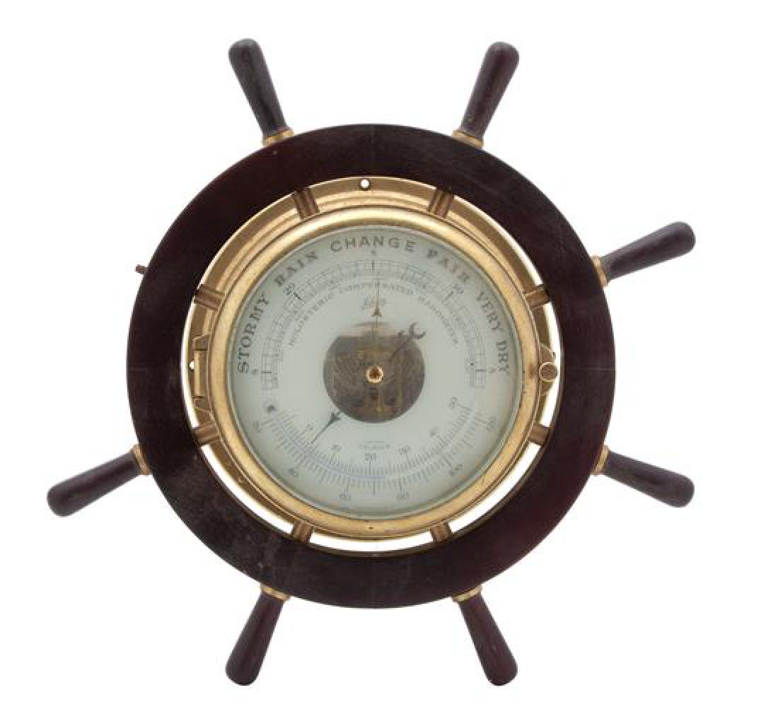 A Brass Cased and Mahogany Ship's Wheel Style Barometer (1 of 1)