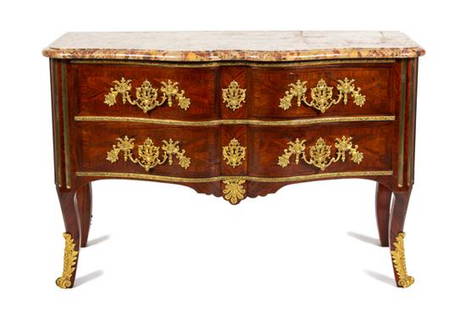 A Louis XV Style Gilt-Bronze-Mounted Commode Height 34: A Louis XV Style Gilt-Bronze-Mounted Commode in the manner of charles cressent, circa 1900 the breche d'Alep marble top with serpentine edge over two drawers flanked by rounded fluted corners continui