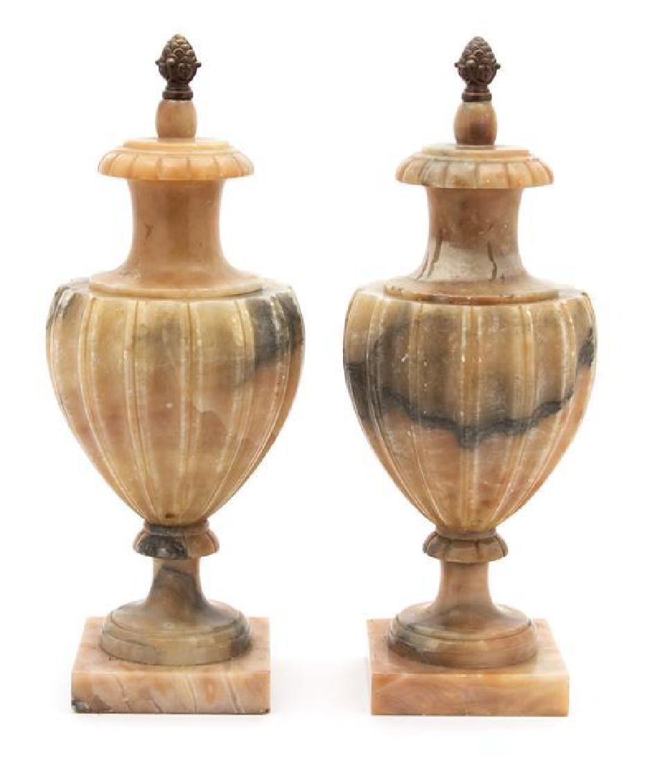A Pair of Carved Alabaster Covered Urns Height 15 3/4 (1 of 1)
