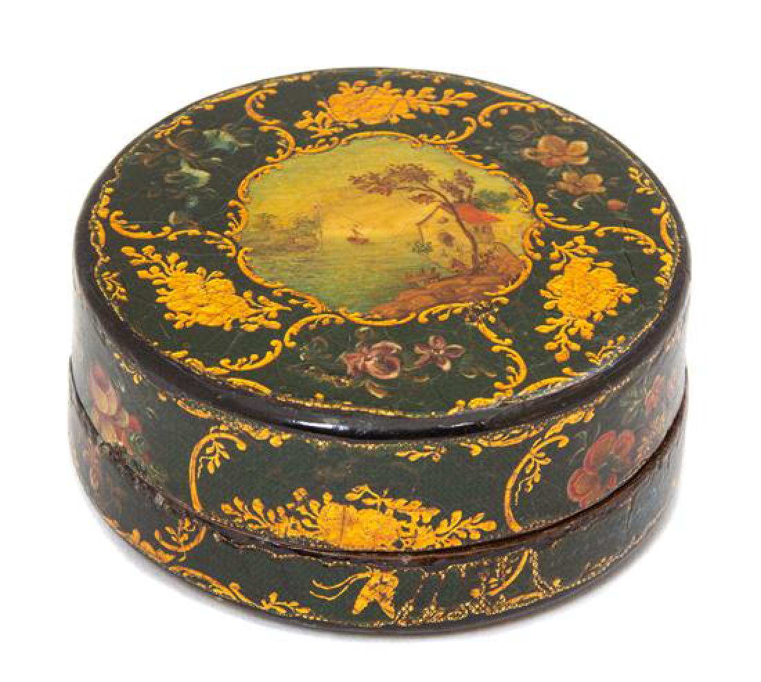 An English Circular Lacquer Snuff Box Diameter 3 1/2 (1 of 1)