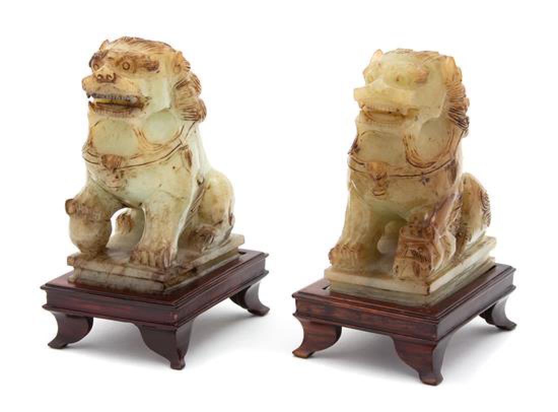 A Pair of Apple Green Jade Foo Lions Height 5 inches. (1 of 2)