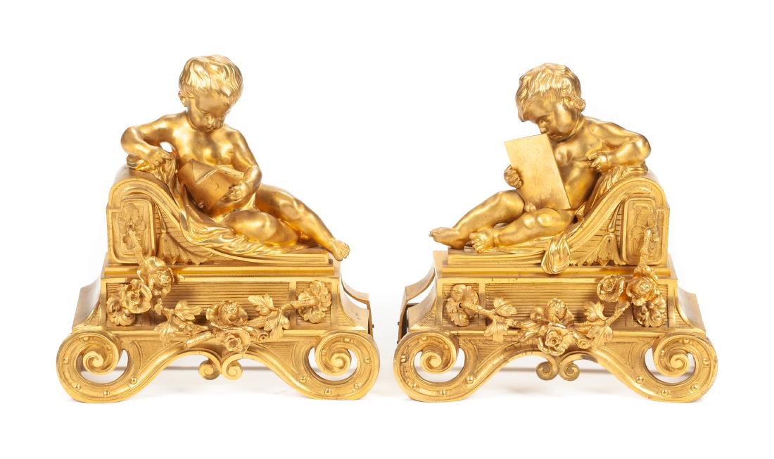A Pair of French Gilt Bronze Figural Chenets Width 12 (1 of 1)