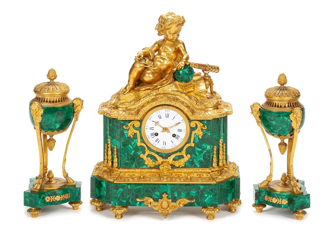 A French Gilt Bronze and Malachite Clock Garniture (1 of 1)