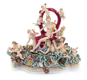 * A Pair of Large Meissen Porcelain Groups Depicting: * A Pair of Large Meissen Porcelain Groups Depicting Neptune and the Triumph of Amphitrite after the model by johann joachim kandler, second half 19th century in six parts, one figural group modeled t