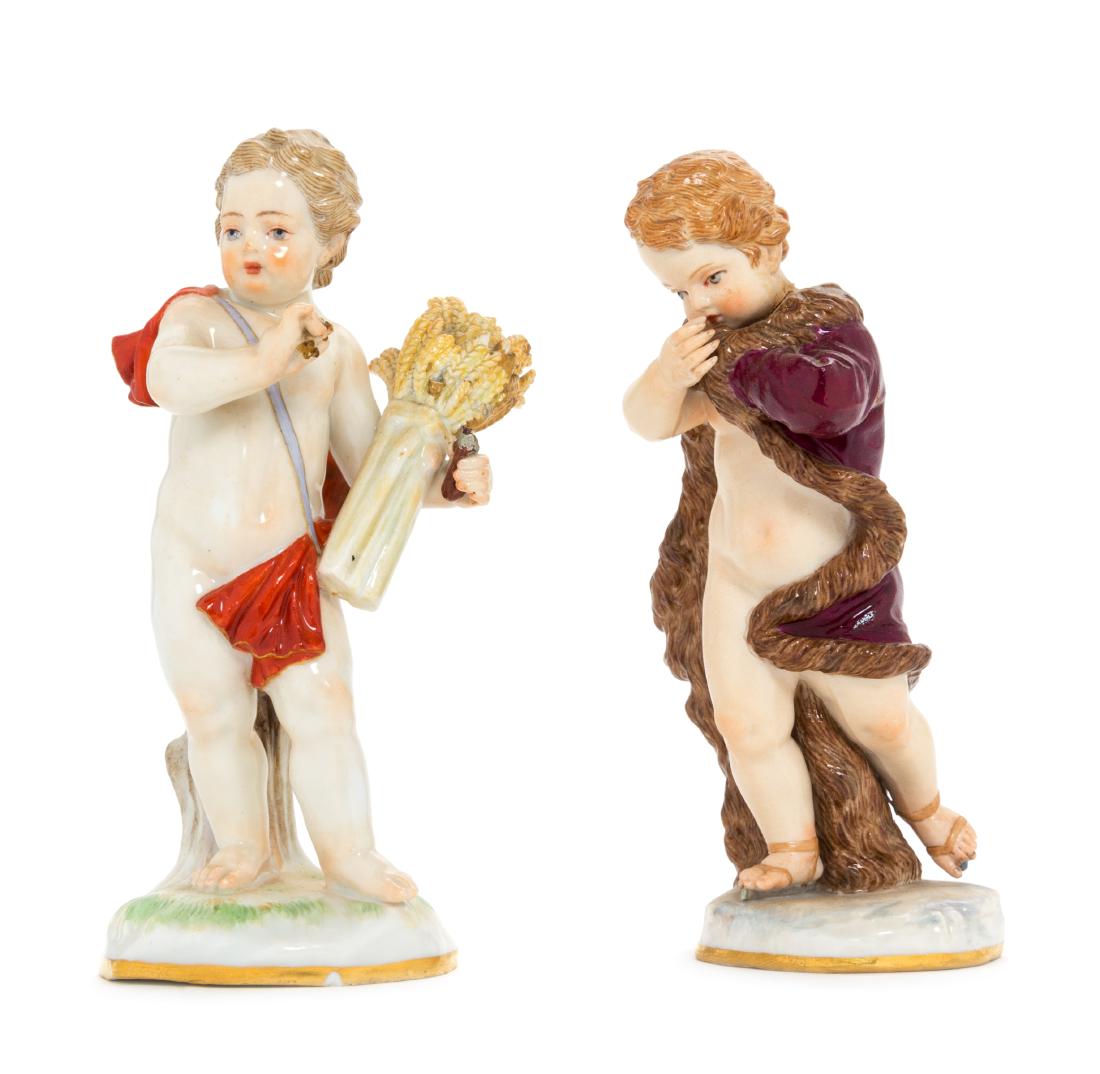 Two Meissen Porcelain Figures Height of taller 5 1/4: Two Meissen Porcelain Figures late 19th/early 20th century each depicting an allegorical figure, with crossed swords in underglaze blue and incised marks to the undersides. Height of taller 5 1/4 inch