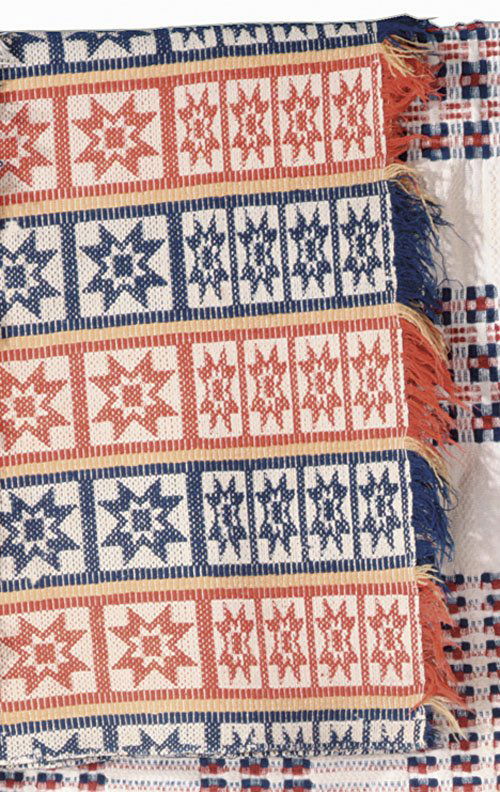WOOL AND COTTON SUMMER-WINTER" COVERLET Probably: WOOL AND COTTON SUMMER-WINTER" COVERLET Probably Pennsylvania, first half 19th century Comprised of two-panels, overall pattern of stars within a square enclosed a border of smaller stars, woven in ye