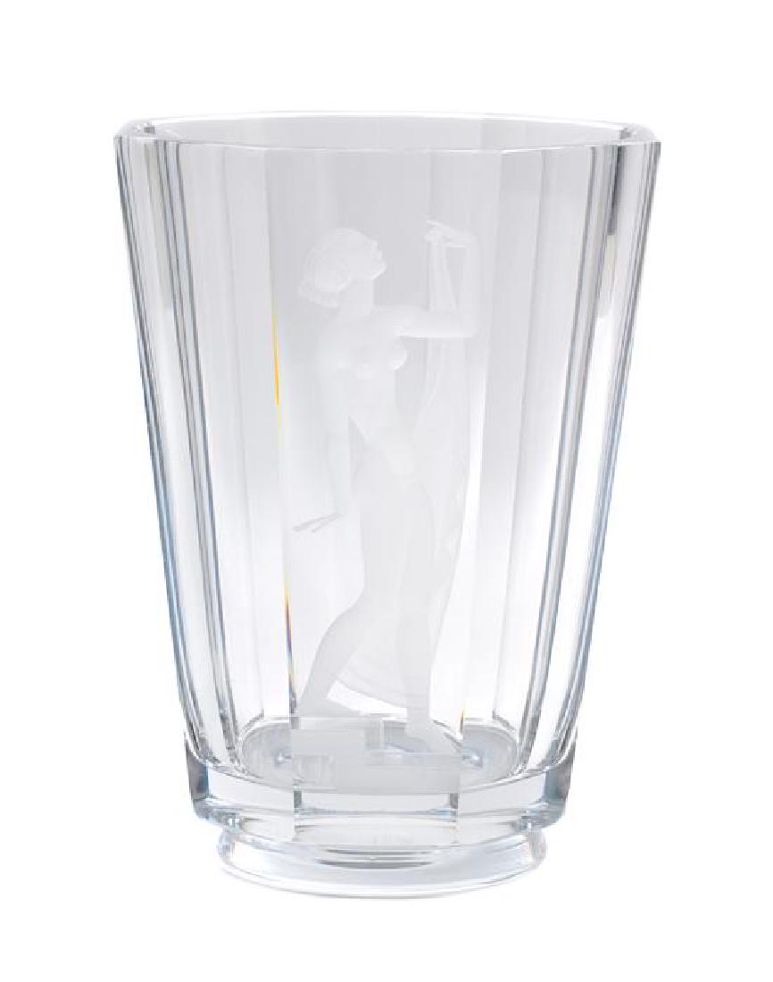 An Orrefors Glass Vase Height 9 inches.: An Orrefors Glass Vase etched with a nude in the Art Deco taste. Height 9 inches. Estimate $200-300