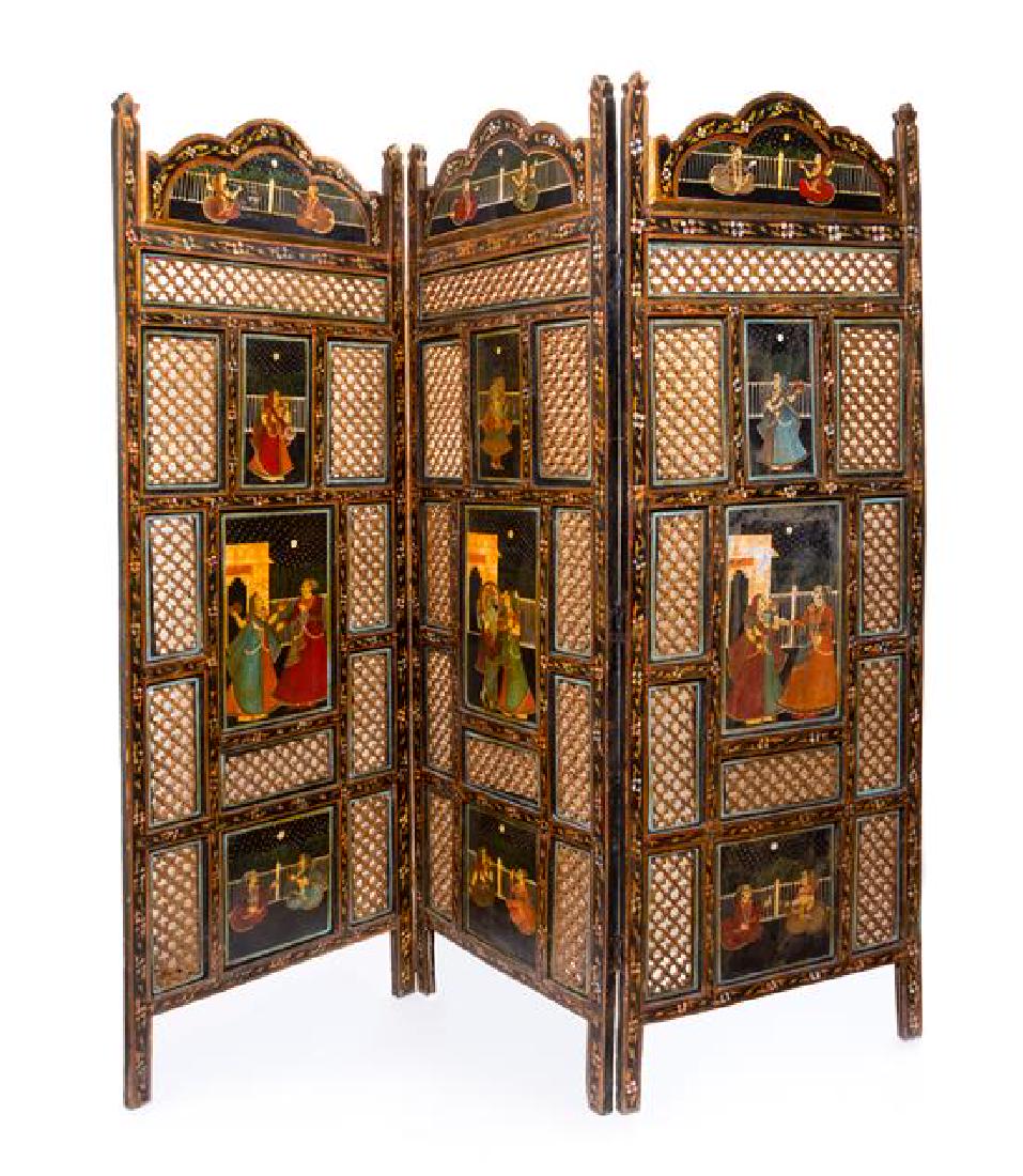 An Indian Carved Three-Panel Screen Height 54 inches. (1 of 1)