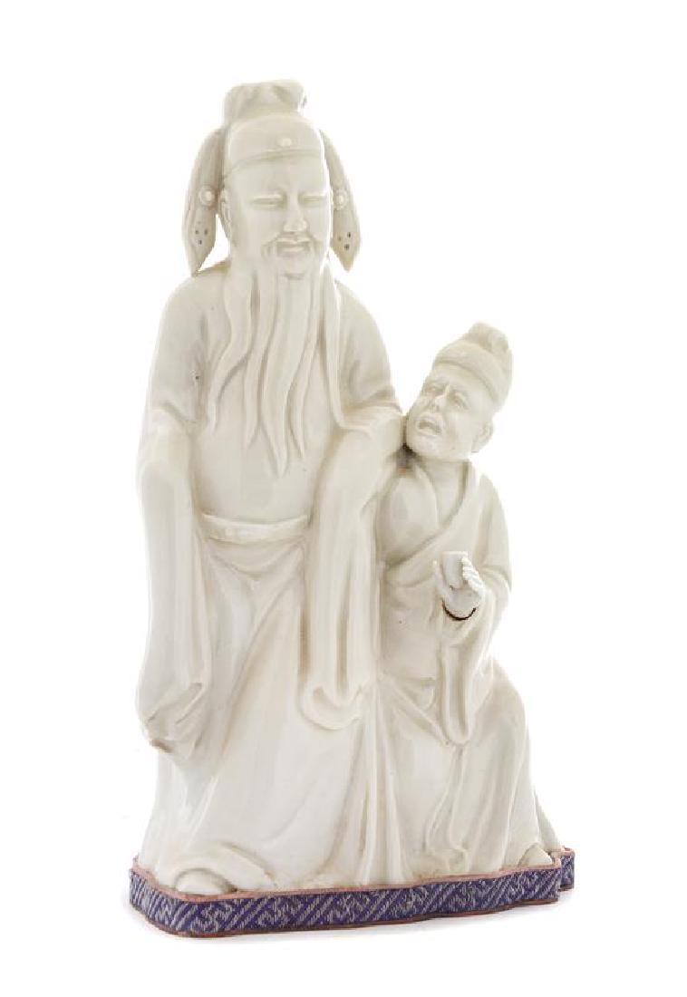 * A White Glazed Porcelain Figural Group Height 7 3/4: * A White Glazed Porcelain Figural Group 19th century depicting two standing scholars, set in a fitted brocade box. Height 7 3/4 inches. Estimate $300-500 Property from the Estate of John Spencer, Rhi