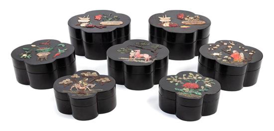 * Seven Hardstone Embellished Lacquer Quatrefoil Boxes (1 of 2)